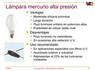 Lámpara mercurio alta presión
              Ventajas
                  Moderada eficacia luminosa
                  Larga duración
                  Flujo luminoso unitario en potencias altas
                  Posibilidad de utilizar doble nivel
              Desventajas
                  Flujo luminoso no instantáneo
                  En ocasiones alta radiación U.V.
              Uso recomendado
                  En aplicaciones especiales con filtros U.V.
                  Alumbrado exterior e industrial
                  Representan el 23% de las luminarias
                   instaladas

05/08/12           Area de Electrónica. UNIVERSIDAD DE CÓRDOBA.   20
 