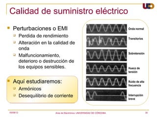Calidad de suministro eléctrico
   Perturbaciones o EMI                                                   Onda normal

          Perdida de rendimiento                                          Transitorios
          Alteración en la calidad de
           onda
                                                                           Sobretensión
          Malfuncionamiento,
           deterioro o destrucción de
           los equipos sensibles.                                          Hueco de
                                                                           tensión


   Aquí estudiaremos:                                                     Ruido de alta
                                                                           frecuencia
          Armónicos
          Desequilibrio de corriente                                      Interrupción
                                                                           breve



05/08/12                    Area de Electrónica. UNIVERSIDAD DE CÓRDOBA.                   35
 