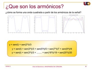 ¿Que son los armónicos?
¿cómo se forma una onda cuadrada a partir de los armónicos de la señal?
                                                                                                                                The building of a square wave: Gibbs' effect
    1                                                     1                                                  1


  0.8                                                    0.8                                                0.9


  0.6                                                    0.6                                                0.8


  0.4                                                    0.4                                                0.7


  0.2                                                    0.2                                                0.6


    0                                                     0                                                 0.5


  -0.2                                                  -0.2                                                0.4


  -0.4                                                  -0.4                                                0.3


  -0.6                                                  -0.6                                                0.2


  -0.8                                                  -0.8                                                0.1


   -1                                                     -1                                                 0
         0    1   2   3   4   5   6   7   8   9   10           0   1   2   3   4   5   6   7   8   9   10         0   20   40          60           80           100           120   140   160




             y = sen(t) + sen(3*t)/3
                  y = sen(t) + sen(3*t)/3 + sen(5*t)/5 + sen(7*t)/7 + sen(9*t)/9
                  y = sen(t) + sen(3*t)/3 + ........ + sen(18*t)/19 + sen(20*t)/20




05/08/12                                               Area de Electrónica. UNIVERSIDAD DE CÓRDOBA.                                                                                              36
 