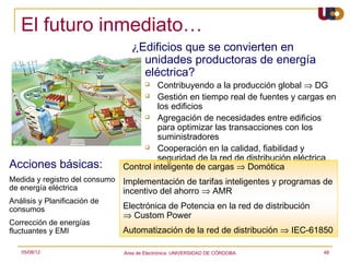 El futuro inmediato…
                                   ¿Edificios que se convierten en
                                     unidades productoras de energía
                                     eléctrica?
                                        Contribuyendo a la producción global ⇒ DG
                                      Gestión en tiempo real de fuentes y cargas en

                                         los edificios
                                      Agregación de necesidades entre edificios

                                         para optimizar las transacciones con los
                                         suministradores
                                      Cooperación en la calidad, fiabilidad y

                                         seguridad de la red de distribución eléctrica
Acciones básicas:               Control inteligente de cargas ⇒ Domótica
Medida y registro del consumo   Implementación de tarifas inteligentes y programas de
de energía eléctrica            incentivo del ahorro ⇒ AMR
Análisis y Planificación de
consumos                        Electrónica de Potencia en la red de distribución
                                ⇒ Custom Power
Corrección de energías
fluctuantes y EMI               Automatización de la red de distribución ⇒ IEC-61850

   05/08/12                     Area de Electrónica. UNIVERSIDAD DE CÓRDOBA.        48
 