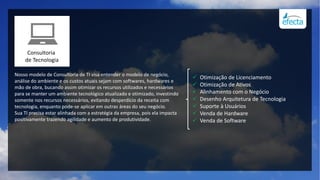 Consultoria
de Tecnologia
Nosso modelo de Consultoria de TI visa entender o modelo de negócio,
análise do ambiente e os custos atuais sejam com softwares, hardwares e
mão de obra, bucando assim otimizar os recursos utilizados e necessários
para se manter um ambiente tecnológico atualizado e otimizado, investindo
somente nos recursos necessários, evitando desperdício da receita com
tecnologia, enquanto pode-se aplicar em outras áreas do seu negócio.
Sua TI precisa estar alinhada com a estratégia da empresa, pois ela impacta
positivamente trazendo agilidade e aumento de produtividade.
 Otimização de Licenciamento
 Otimização de Ativos
 Alinhamento com o Negócio
 Desenho Arquitetura de Tecnologia
 Suporte à Usuários
 Venda de Hardware
 Venda de Software
 