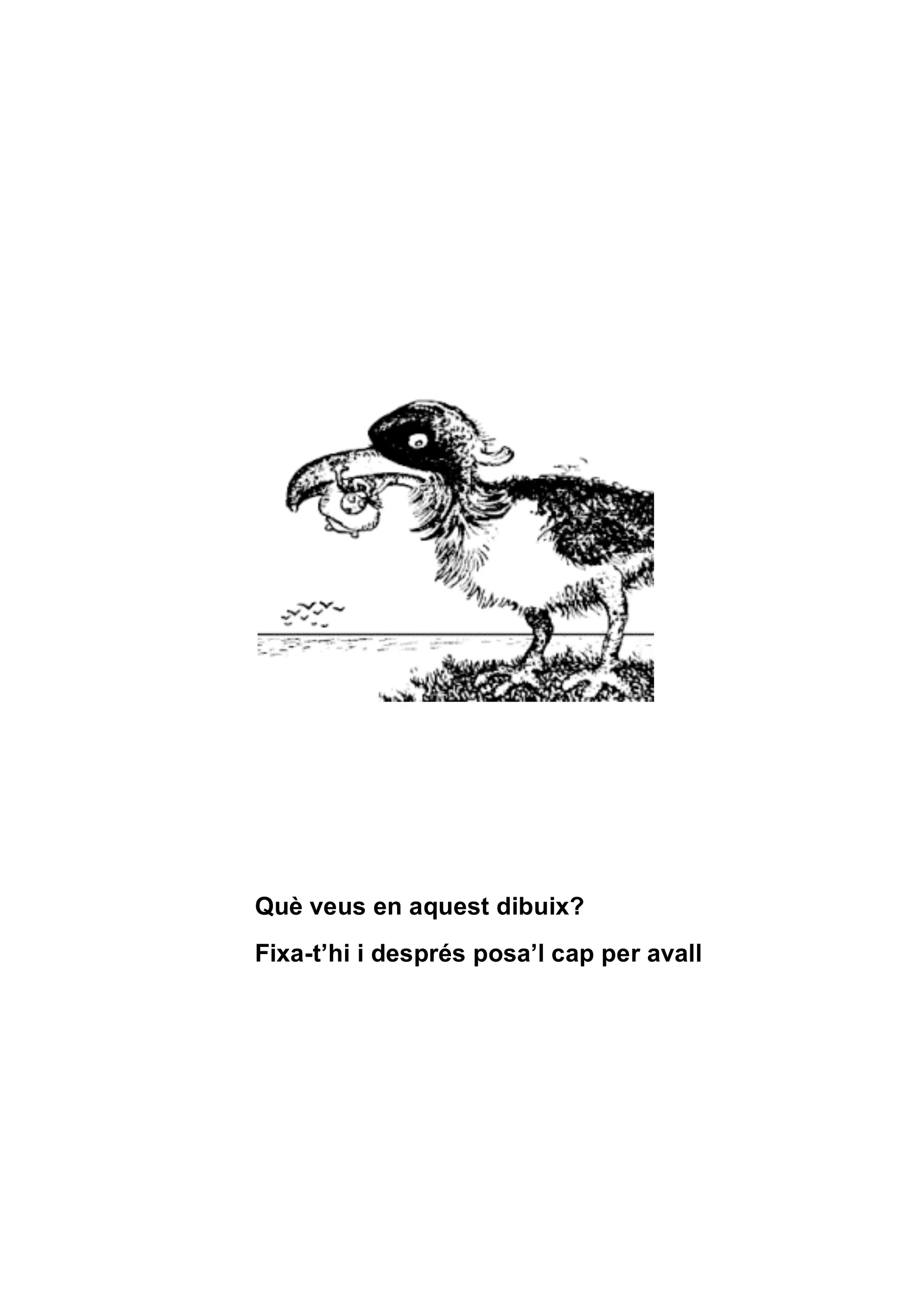 Què veus en aquest dibuix?
Fixa-t’hi i després posa’l cap per avall
 