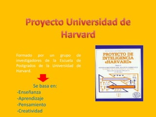 Formado por un grupo de
investigadores de la Escuela de
Postgrados de la Universidad de
Harvard.
Se basa en:
-Enseñanza
-Aprendizaje
-Pensamiento
-Creatividad
 
