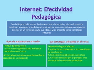 Con la llegada del Internet, las barreras entre la escuela y el mundo exterior
empiezan a colapsar a medida que profesores y alumnos establecen conexiones
directas en un foro que oculta sus edades y los presenta como homólogos
virtuales.
tipos de aproximación al medio:
-Ningún tipo de acceso
- Acceso restringido limitado a selectos
materiales electrónicos
-Acceso a bases de datos para desarrollar la
capacidad de investigación
Las estrategias utilizadas en el curso:
1Provisión de guías efectiva
2. Ajuste de los contenidos a las necesidades
de los alumnos
4. Fomento de colaboraciones de clase
5. Creación conjunta por el profesor y los
alumnos del entorno de aprendizaje.
 