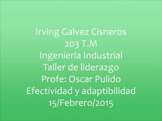 Irving Galvez Cisneros
203 T.M
Ingenieria Industrial
Taller de liderazgo
Profe: Oscar Pulido
Efectividad y adaptibilidad
15/Febrero/2015
 