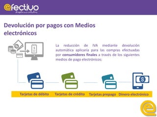 Devolución por pagos con Medios
electrónicos
La reducción de IVA mediante devolución
automática aplicaría para las compras efectuadas
por consumidores finales a través de los siguientes
medios de pago electrónicos:
Tarjetas de débito Tarjetas de crédito Dinero electrónicoTarjetas prepago
 