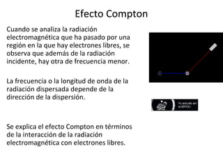 Efecto Compton
Cuando se analiza la radiación
electromagnética que ha pasado por una
región en la que hay electrones libres, se
observa que además de la radiación
incidente, hay otra de frecuencia menor.
La frecuencia o la longitud de onda de la
radiación dispersada depende de la
dirección de la dispersión.
Se explica el efecto Compton en términos
de la interacción de la radiación
electromagnética con electrones libres.
 