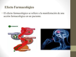 Efecto Farmacológico
• El efecto farmacológico se refiere a la manifestación de una
acción farmacológica en un paciente.
 