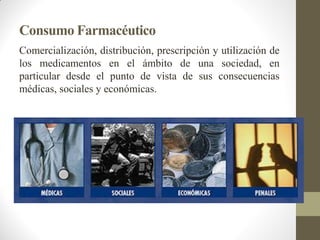Consumo Farmacéutico
Comercialización, distribución, prescripción y utilización de
los medicamentos en el ámbito de una sociedad, en
particular desde el punto de vista de sus consecuencias
médicas, sociales y económicas.
 