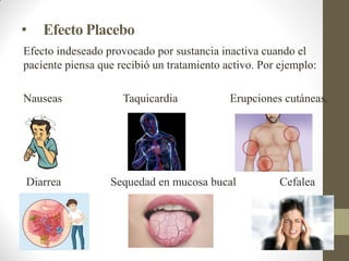 • Efecto Placebo
Efecto indeseado provocado por sustancia inactiva cuando el
paciente piensa que recibió un tratamiento activo. Por ejemplo:
Nauseas Taquicardia Erupciones cutáneas.
Diarrea Sequedad en mucosa bucal Cefalea
 