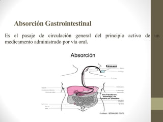 Absorción Gastrointestinal
Es el pasaje de circulación general del principio activo de un
medicamento administrado por vía oral.
 