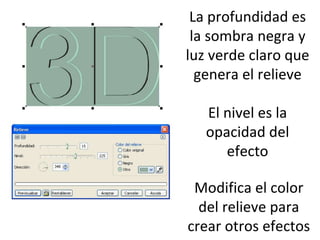 La profundidad es la sombra negra y luz verde claro que genera el relieve El nivel es la opacidad del efecto Modifica el color del relieve para crear otros efectos 