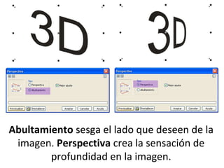 Abultamiento  sesga el lado que deseen de la imagen.  Perspectiva  crea la sensación de profundidad en la imagen. 