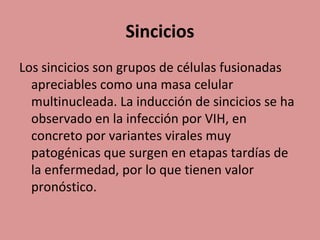 Sincicios
Los sincicios son grupos de células fusionadas
apreciables como una masa celular
multinucleada. La inducción de sincicios se ha
observado en la infección por VIH, en
concreto por variantes virales muy
patogénicas que surgen en etapas tardías de
la enfermedad, por lo que tienen valor
pronóstico.
 