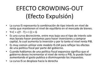 • La curva IS representa la combinación de tipo interés en nivel de
renta que mantienen el nivel de equilibrio en el mercado de bienes.
• Y=C + c(Y - T) + I (i) + G
• Es una curva decreciente, entre mas bajo sea el tipo de interés sale
mas barato hacer prestamos para hacer inversiones y comprar
capital, lo cual aumenta la inversión y por lo tanto el nivel renta PIB.
• Es muy común utilizar este modelo IS-LM para reflejar los efectos
de una política fiscal por parte del gobierno.
• Cuando hablamos de una política fiscal expansiva significa que el
gobierno desea incrementar el nivel de renta o PIB, lo puede hacer
aumentando el gasto publico o disminuyendo los impuestos.
• La curva IS se desplaza hacia la derecha
EFECTO CROWDING-OUT
(Efecto Expulsión)
 