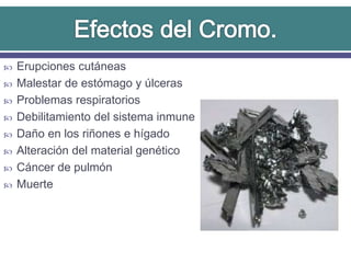  Erupciones cutáneas
 Malestar de estómago y úlceras
 Problemas respiratorios
 Debilitamiento del sistema inmune
 Daño en los riñones e hígado
 Alteración del material genético
 Cáncer de pulmón
 Muerte
 