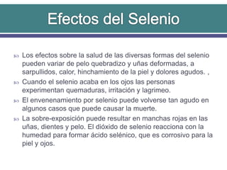  Los efectos sobre la salud de las diversas formas del selenio
pueden variar de pelo quebradizo y uñas deformadas, a
sarpullidos, calor, hinchamiento de la piel y dolores agudos. ,
 Cuando el selenio acaba en los ojos las personas
experimentan quemaduras, irritación y lagrimeo.
 El envenenamiento por selenio puede volverse tan agudo en
algunos casos que puede causar la muerte.
 La sobre-exposición puede resultar en manchas rojas en las
uñas, dientes y pelo. El dióxido de selenio reacciona con la
humedad para formar ácido selénico, que es corrosivo para la
piel y ojos.
 