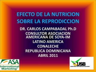 EFECTO DE LA NUTRICION
SOBRE LA REPRODICCION
 DR. CARLOS CAMPABADAL Ph.D
    CONSULTOR ASOCIACION
    AMERICANA DE SOYA-IM
       LATINO AMERICA
         CONALECHE
   REPUBLICA DOMINICANA
          ABRIL 2011
 
