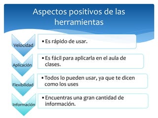 Aspectos positivos de las
herramientas
Velocidad
•Es rápido de usar.
Aplicación
•Es fácil para aplicarla en el aula de
clases.
Flexibilidad
•Todos lo pueden usar, ya que te dicen
como los uses
Información
•Encuentras una gran cantidad de
información.
 
