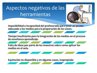 Aspectos negativos de las
herramientas
Imposibilidad o incapacidad del profesorado para tener un acceso
adecuado a los medios para la preparación de las clases.
Tiempo insuficiente para la integración de los medios en el proceso
de enseñanza-aprendizaje.
Falta de ideas por parte de los maestros sobre como aplicar los
medios en el aula.
Equitación no disponible y en algunos casos, inapropiada
 