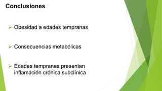 Conclusiones 
 Obesidad a edades tempranas 
 Consecuencias metabólicas 
 Edades tempranas presentan 
inflamación crónica subclínica 
 