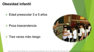 Obesidad infantil 
 Edad preescolar 3 a 5 años 
 Poca trascendencia 
 Tres veces más riesgo 
Comité de Expertos de la OMS sobre la obesidad: Obesity: preventing and managing the global epidemic. Report of a WHO consultation on obesity. WHO technical report series, 894. Ginebra (Suiza): Organización Mundial de la Salud, 2010. 
 