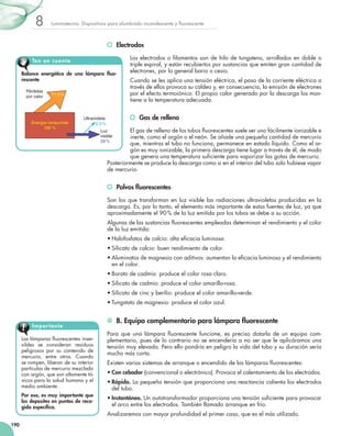 8       Luminotecnia. Dispositivos para alumbrado incandescente y fluorescente



                                                   	 Electrodos
                                                          Los electrodos o filamentos son de hilo de tungsteno, arrollados en doble o
           Ten en cuenta
                                                          triple espiral, y están recubiertos por sustancias que emiten gran cantidad de
      Balance energético de una lámpara fluo-
                                                          electrones, por lo general bario o cesio.
      rescente                                            Cuando se les aplica una tensión eléctrica, el paso de la corriente eléctrica a
                                                          través de ellos provoca su caldeo y, en consecuencia, la emisión de electrones
        Pérdidas
        por calor   71,5 %                                por el efecto termoiónico. El propio calor generado por la descarga los man-
                                                          tiene a la temperatura adecuada.


                                  Ultravioleta              	 Gas de relleno
          Energía consumida              0,5 %
                100 %
                                           Luz            El gas de relleno de los tubos fluorescentes suele ser uno fácilmente ionizable e
                                           visible        inerte, como el argón o el neón. Se añade una pequeña cantidad de mercurio
                                           28 %
                                                          que, mientras el tubo no funciona, permanece en estado líquido. Como el ar-
                                                          gón es muy ionizable, la primera descarga tiene lugar a través de él, de modo
                                                          que genera una temperatura suficiente para vaporizar las gotas de mercurio.
                                                 Posteriormente se produce la descarga como si en el interior del tubo solo hubiese vapor
                                                 de mercurio.


                                                   	 Polvos fluorescentes
                                                 Son los que transforman en luz visible las radiaciones ultravioletas producidas en la
                                                 descarga. Es, por lo tanto, el elemento más importante de estas fuentes de luz, ya que
                                                 aproximadamente el 90 % de la luz emitida por los tubos se debe a su acción.
                                                 Algunas de las sustancias fluorescentes empleadas determinan el rendimiento y el color
                                                 de la luz emitida:
                                                 •	Halofosfatos de calcio: alta eficacia luminosa.
                                                 •	Silicato de calcio: buen rendimiento de color.
                                                 •	Aluminatos de magnesio con aditivos: aumentan la eficacia luminosa y el rendimiento
                                                   en el color.
                                                 •	Borato de cadmio: produce el color rosa claro.
                                                 •	Silicato de cadmio: produce el color amarillo-rosa.
                                                 •	Silicato de cinc y berilio: produce el color amarillo-verde.
                                                 •	Tungstato de magnesio: produce el color azul.


                                                   	 B. Equipo complementario para lámpara fluorescente
           Impor tante
                                                 Para que una lámpara fluorescente funcione, es preciso dotarla de un equipo com-
      Las lámparas fluorescentes inser-          plementario, pues de lo contrario no se encendería a no ser que le aplicáramos una
      vibles se consideran residuos              tensión muy elevada. Pero ello pondría en peligro la vida del tubo y su duración sería
      peligrosos por su contenido de
                                                 mucho más corta.
      mercurio, entre otros. Cuando
      se rompen, liberan de su interior          Existen varios sistemas de arranque o encendido de las lámparas fluorescentes:
      partículas de mercurio mezclado
      con argón, que son altamente tó-           •	Con cebador (convencional o electrónico). Provoca el calentamiento de los electrodos.
      xicos para la salud humana y el            •	Rápido. La pequeña tensión que proporciona una reactancia calienta los electrodos
      medio ambiente.                              del tubo.
      Por eso, es muy importante que
                                                 •	Instantáneo. Un autotransformador proporciona una tensión suficiente para provocar
      los deposites en puntos de reco-
      gida específica.                             el arco entre los electrodos. También llamado arranque en frío.
                                                 Analizaremos con mayor profundidad el primer caso, que es el más utilizado.
190
 