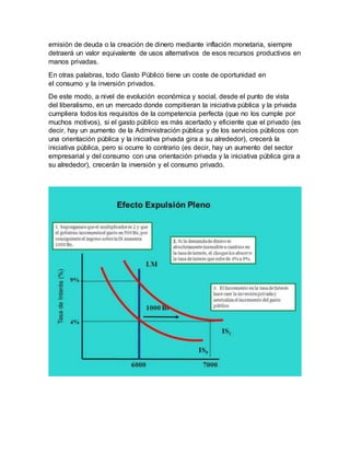 emisión de deuda o la creación de dinero mediante inflación monetaria, siempre
detraerá un valor equivalente de usos alternativos de esos recursos productivos en
manos privadas.
En otras palabras, todo Gasto Público tiene un coste de oportunidad en
el consumo y la inversión privados.
De este modo, a nivel de evolución económica y social, desde el punto de vista
del liberalismo, en un mercado donde compitieran la iniciativa pública y la privada
cumpliera todos los requisitos de la competencia perfecta (que no los cumple por
muchos motivos), si el gasto público es más acertado y eficiente que el privado (es
decir, hay un aumento de la Administración pública y de los servicios públicos con
una orientación pública y la iniciativa privada gira a su alrededor), crecerá la
iniciativa pública, pero si ocurre lo contrario (es decir, hay un aumento del sector
empresarial y del consumo con una orientación privada y la iniciativa pública gira a
su alrededor), crecerán la inversión y el consumo privado.
 