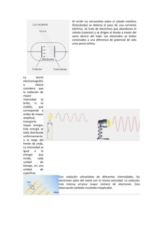 Al incidir luz ultravioleta sobre el cátodo metálico
                               (fotocátodo) se detecta el paso de una corriente
                               eléctrica. Se trata de electrones que abandonan el
                               cátodo (colector) y se dirigen al ánodo a través del
                               vacío dentro del tubo. Los electrodos se hallan
                               conectados a una diferencia de potencial de sólo
                               unos pocos voltios.




La          teoría
electromagnétic
a          clásica
considera que
la radiación de
mayor
intensidad      (o
brillo, si es
visible),     que
corresponde a
ondas de mayor
amplitud,
transporta
mayor energía.
Esta energía se
halla distribuida
uniformemente
a lo largo del
frente de onda.
La intensidad es
igual     a     la
energía       que
incide,      cada
unidad         de
tiempo, en una
unidad         de
superficie.
                     Con radiación ultravioleta de diferentes intensidades, los
                     electrones salen del metal con la misma velocidad. La radiación
                     más intensa arranca mayor número de electrones. Esta
                     observación también resultaba inexplicable.
 