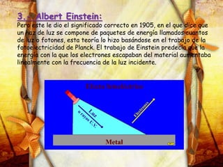 3.- Albert Einstein:
Pero este le dio el significado correcto en 1905, en el que dice que
un haz de luz se compone de paquetes de energía llamados cuantos
de luz o fotones, esta teoría lo hizo basándose en el trabajo de la
fotoelectricidad de Planck. El trabajo de Einstein predecía que la
energía con la que los electrones escapaban del material aumentaba
linealmente con la frecuencia de la luz incidente.
 