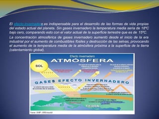 El efecto invernadero es indispensable para el desarrollo de las formas de vida propias
del estado actual del planeta. Sin gases invernadero la temperatura media sería de 18ºC
bajo cero, comparando esto con el valor actual de la superficie terrestre que es de 15ºC.
La concentración atmosférica de gases invernadero aumentó desde el inicio de la era
industrial por el aumento de combustibles fósiles y destrucción de las selvas, provocando
el aumento de la temperatura media de la atmósfera próxima a la superficie de la tierra
(calentamiento global).
 