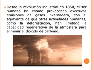 Desde la revolución industrial en 1850, el ser humano ha estado provocando excesivas emisiones de gases invernadero, con el agravante de que otras actividades humanas, como la deforestación, han limitado la capacidad regenerativa de la atmósfera para eliminar el dióxido de carbono.