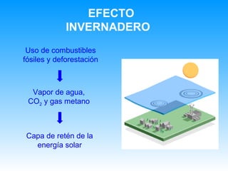 EFECTO
INVERNADERO
Vapor de agua,
CO2 y gas metano
Capa de retén de la
energía solar
Uso de combustibles
fósiles y deforestación
 
