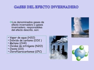 Los denominados gases de
efecto invernadero o gases
invernadero, responsables
del efecto descrito, son:
• Vapor de agua (H2O)
• Dióxido de carbono (CO2 )
• Metano (CH4)
• Óxidos de nitrógeno (N2O)
• Ozono (O3)
• Clorofluorocarbonos (CFC)
 