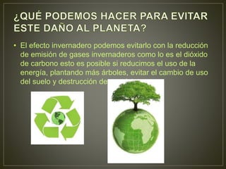 • El efecto invernadero podemos evitarlo con la reducción
de emisión de gases invernaderos como lo es el dióxido
de carbono esto es posible si reducimos el uso de la
energía, plantando más árboles, evitar el cambio de uso
del suelo y destrucción de ecosistemas.
 