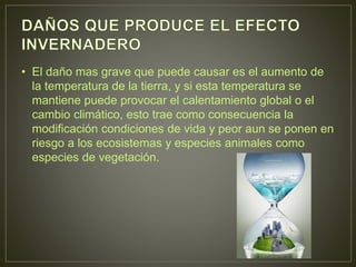 • El daño mas grave que puede causar es el aumento de
la temperatura de la tierra, y si esta temperatura se
mantiene puede provocar el calentamiento global o el
cambio climático, esto trae como consecuencia la
modificación condiciones de vida y peor aun se ponen en
riesgo a los ecosistemas y especies animales como
especies de vegetación.
 