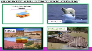 VIII.-CONSECUENCIAS DELAUMENTO DEL EFECTO INVERNADERO:
EL CALENTAMIENTO
GLOBAL
SEQUIA:
EL DESHIELO:
INUNDACIONES
 