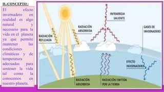 II.-CONCEPTO :
El efecto
invernadero en
realidad es algo
natural y
necesario para la
vida en el planeta
ya que permite
mantener las
condiciones
climáticas y de
temperatura
adecuadas para
sostener la vida
tal como la
conocemos en
nuestro planeta.
 
