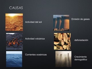 Actividad del sol
Actividad volcánica
Corrientes oceánicas
Emisión de gases
deforestación
Crecimiento
demográfico