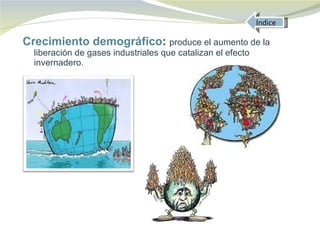 Indice

Crecimiento demográfico: produce el aumento de la
  liberación de gases industriales que catalizan el efecto
  invernadero.
 