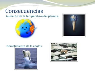 Consecuencias
Aumento de la temperatura del planeta.




Derretimiento de los polos.
 