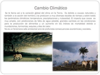 Cambio Climático
Se le llama así a la variación global del clima en la Tierra. Es debido a causas naturales y
también a la acción del hombre y se producen a muy diversas escalas de tiempo y sobre todos
los parámetros climáticos: temperatura, precipitaciones y nubosidad. El impacto que causa es
muy amplio, con predicciones de falta de agua potable, grandes cambios en las condiciones
para la producción de alimentos y un aumento en los índices de mortalidad debido a
inundaciones, tormentas, sequías y olas de calor.
No es un fenómeno sólo ambiental sino de profundas consecuencias económicas y sociales.
 