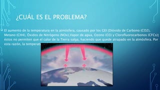 ¿CUÁL ES EL PROBLEMA?
• El aumento de la temperatura en la atmósfera, causado por los GEI Dióxido de Carbono (CO2),
Metano (CH4), Óxidos de Nitrógeno (NOx),Vapor de agua, Ozono (O3) y Clorofluorocarbonos (CFCs)
éstos no permiten que el calor de la Tierra salga, haciendo que quede atrapado en la atmósfera. Por
esta razón, la temperatura del mundo esta subiendo.
 