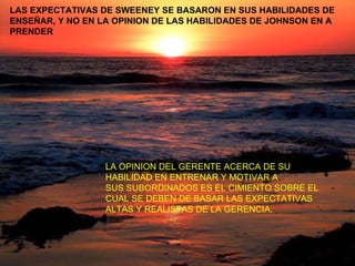 LAS EXPECTATIVAS DE SWEENEY SE BASARON EN SUS HABILIDADES DE  ENSEÑAR, Y NO EN LA OPINION DE LAS HABILIDADES DE JOHNSON EN A PRENDER  LA OPINION DEL GERENTE ACERCA DE SU HABILIDAD EN ENTRENAR Y MOTIVAR A  SUS SUBORDINADOS ES EL CIMIENTO SOBRE EL CUAL SE DEBEN DE BASAR LAS EXPECTATIVAS ALTAS Y REALISTAS DE LA GERENCIA. 