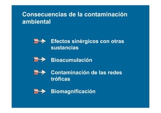 Consecuencias de la contaminación
ambiental


        Efectos sinérgicos con otras
        sustancias

        Bioacumulación

        Contaminación de las redes
        tróficas

        Biomagnificación
 