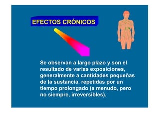 EFECTOS CRÓNICOS




  Se observan a largo plazo y son el
  resultado de varias exposiciones,
  generalmente a cantidades pequeñas
  de la sustancia, repetidas por un
  tiempo prolongado (a menudo, pero
  no siempre, irreversibles).
 
