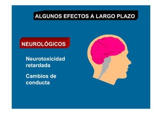 ALGUNOS EFECTOS A LARGO PLAZO




NEUROLÓGICOS

 Neurotoxicidad
 retardada

 Cambios de
 conducta
 