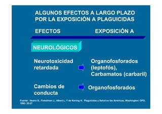 ALGUNOS EFECTOS A LARGO PLAZO
             POR LA EXPOSICIÓN A PLAGUICIDAS

             EFECTOS                                             EXPOSICIÓN A


           NEUROLÓGICOS

            Neurotoxicidad                                    Organofosforados
            retardada                                         (leptofós),
                                                              Carbamatos (carbaril)

            Cambios de                                     Organofosforados
            conducta
Fuente: Heano S., Finkelman J., Albert L. Y de Koning H. Plaguicidas y Salud en las Américas, Washington: OPS.
1993: 25-27
 