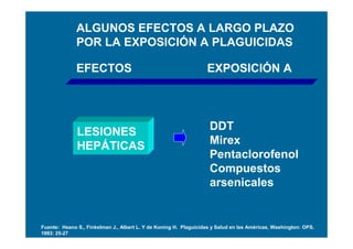 ALGUNOS EFECTOS A LARGO PLAZO
              POR LA EXPOSICIÓN A PLAGUICIDAS

              EFECTOS                                             EXPOSICIÓN A




              LESIONES                                             DDT
              HEPÁTICAS                                            Mirex
                                                                   Pentaclorofenol
                                                                   Compuestos
                                                                   arsenicales


Fuente: Heano S., Finkelman J., Albert L. Y de Koning H. Plaguicidas y Salud en las Américas, Washington: OPS.
1993: 25-27
 