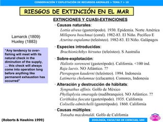 RIESGOS DE EXTINCIÓN EN EL MAR (Roberts & Hawkins 1999) EXTINCIONES Y CUASI-EXTINCIONES ·  Especies introducidas : Brachionichthys hirsutus  (teleósteo). S Australia ·  Sobre-explotación : Haliotis sorenseni  (gasterópodo). California. <100 ind. Raja laevis . NO Atlántico. ?? Pterapogon kauderni  (teleósteo). 1994. Indonesia Latimeria cholumnae  (celacanto). Comores, Indonesia ·  Alteración y destrucción de hábitats : Syngnathus affinis.  Golfo de México Phyllaplysia smaragda  (nudibranquio). NO Atlántico. ?? Cerithidea fuscata  (gasterópodo). 1935. California Colisella edmitchelli  (gasterópodo). 1860. California ·  Causas múltiples : Totoaba macdonaldi.  Golfo de California ·  Causas naturales : Lottia alveus  (gasterópodo). 1930. Epidemia. Norte América Millepora boschmai  (coral). 1982-83. El Niño. Pecífico E Azurina eupalama  (teleósteo). 1982-83. El Niño. Galápagos Lamarck (1809) Huxley (1883) “ Any tendency to over-fishing will meet with its natural check in the diminution of the supply, … this check will always come into operation long before anything like permanent exhaustion has occurred” 